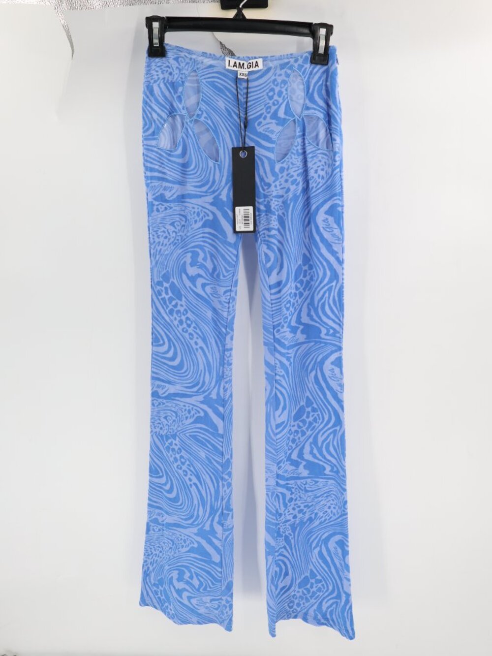NWT I AM GIA Amina Pants Women 2XS L32 Burnout Sheer Cutout Flare Leg Blue boho